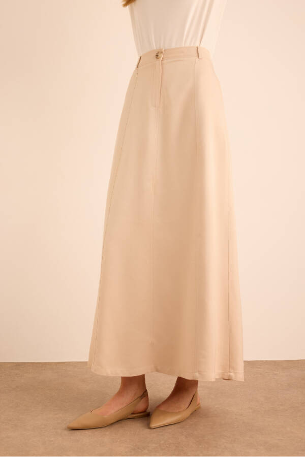 Bej Kup Detaylı Vıscon Keten Karışımlı Etek - 5