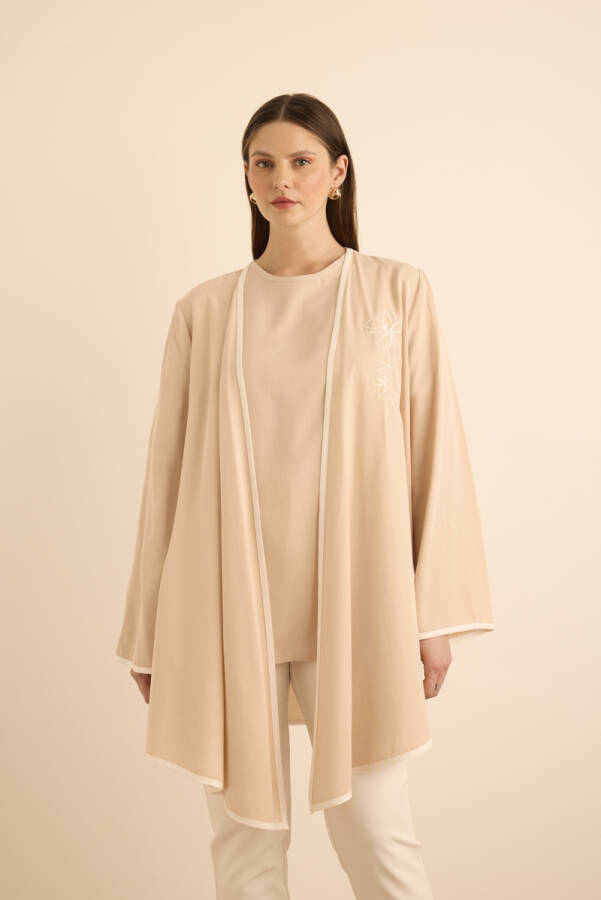 Bej Nakış ve Biyeli Tencel Tweenset - Aker