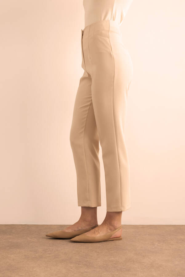 Bej Önü Cep Detaylı Dokuma Pantolon - 4