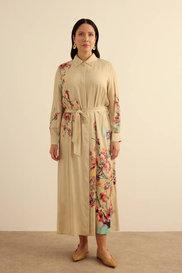 Bej Pano Çiçek Desenli Viscon Elbise - 3