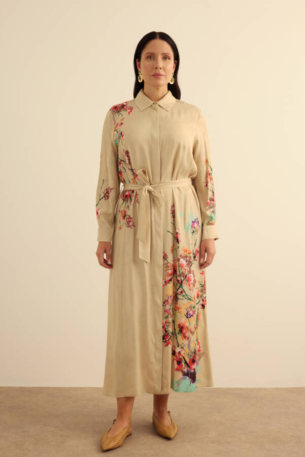 Bej Pano Çiçek Desenli Viscon Elbise - 4