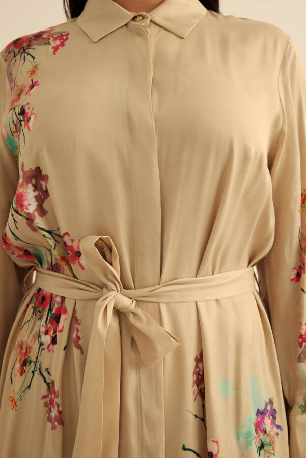 Bej Pano Çiçek Desenli Viscon Elbise - 5