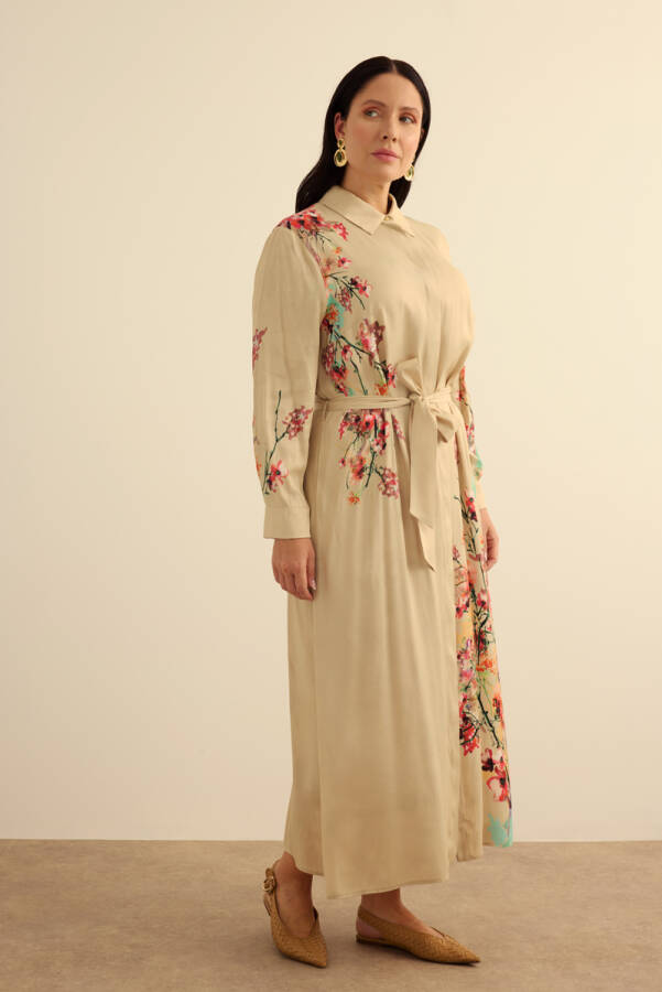 Bej Pano Çiçek Desenli Viscon Elbise - Aker (1)