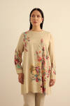Bej Pano Çiçek Desenli Viscon Tunik - 3