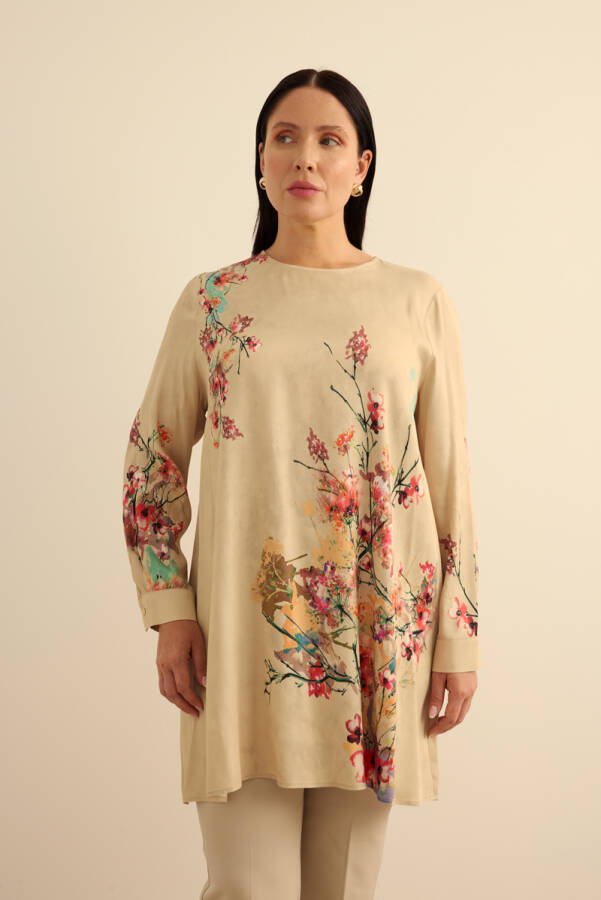 Bej Pano Çiçek Desenli Viscon Tunik - 3