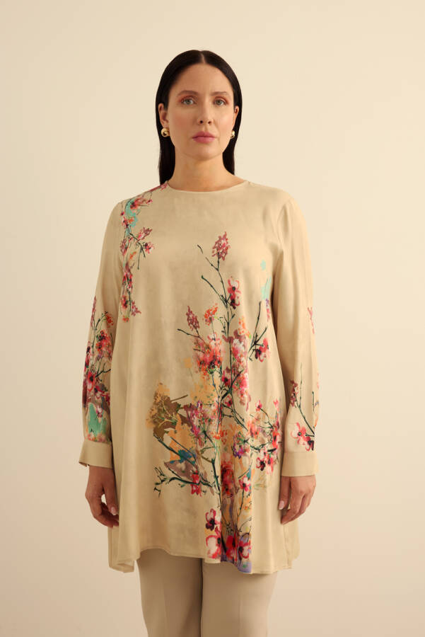 Bej Pano Çiçek Desenli Viscon Tunik - Aker