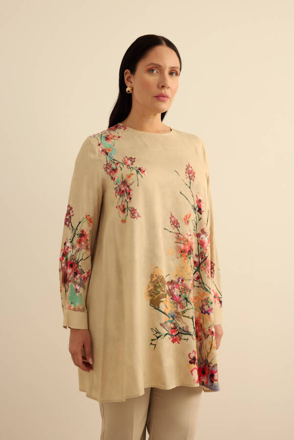 Bej Pano Çiçek Desenli Viscon Tunik - Aker (1)