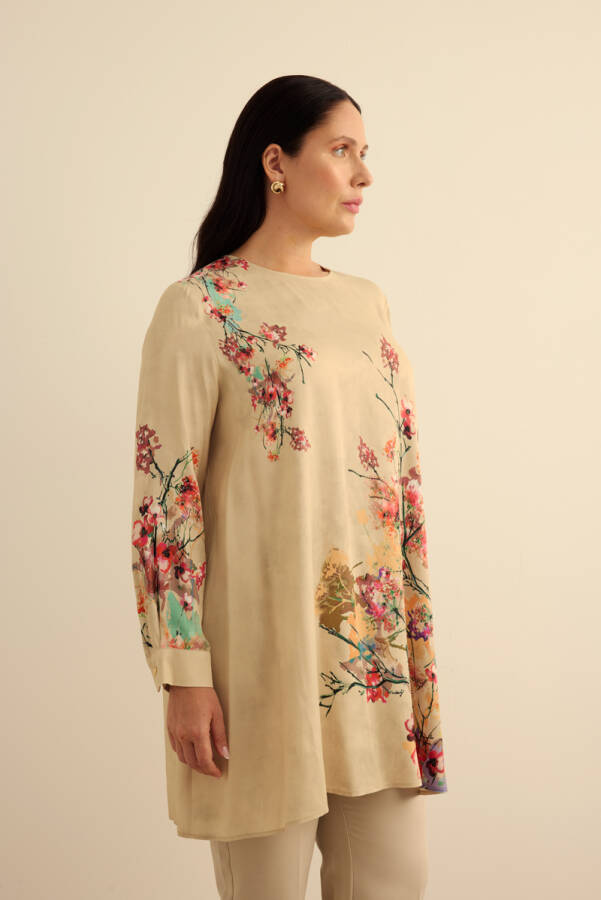 Bej Pano Çiçek Desenli Viscon Tunik - 5