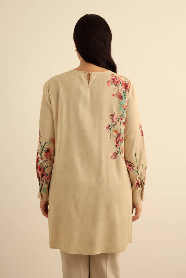 Bej Pano Çiçek Desenli Viscon Tunik - 7
