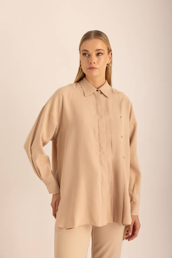 Bej Pileli Metal Logolu Bluz - Aker (1)