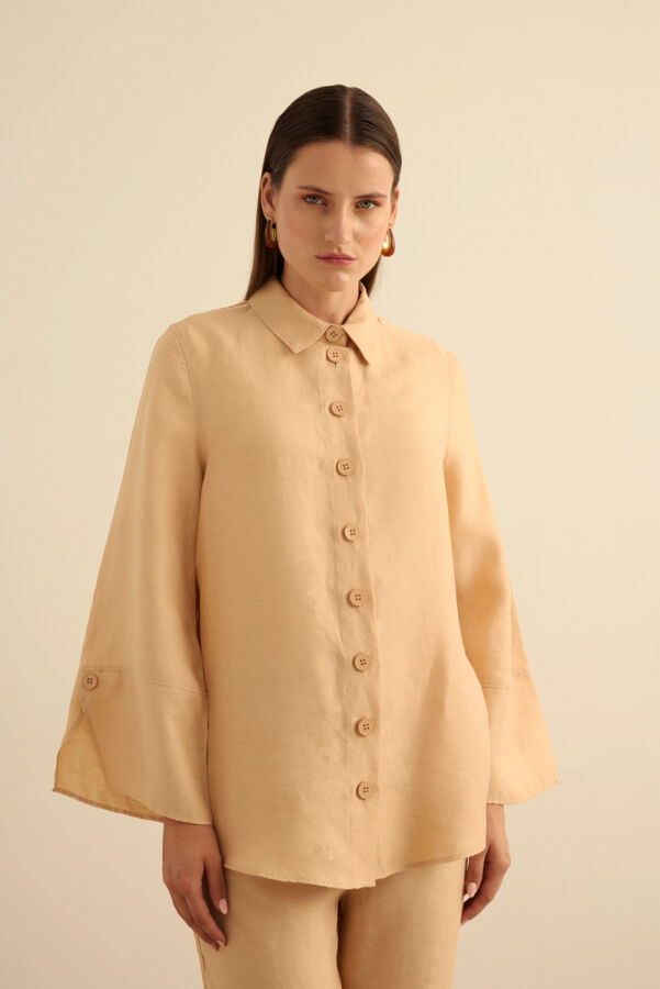 Bej Rahat Form Tencel Keten Tunik - Aker