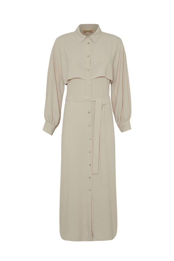 Bej Rüzgarlık Detaylı Dokulu Elbise - 1