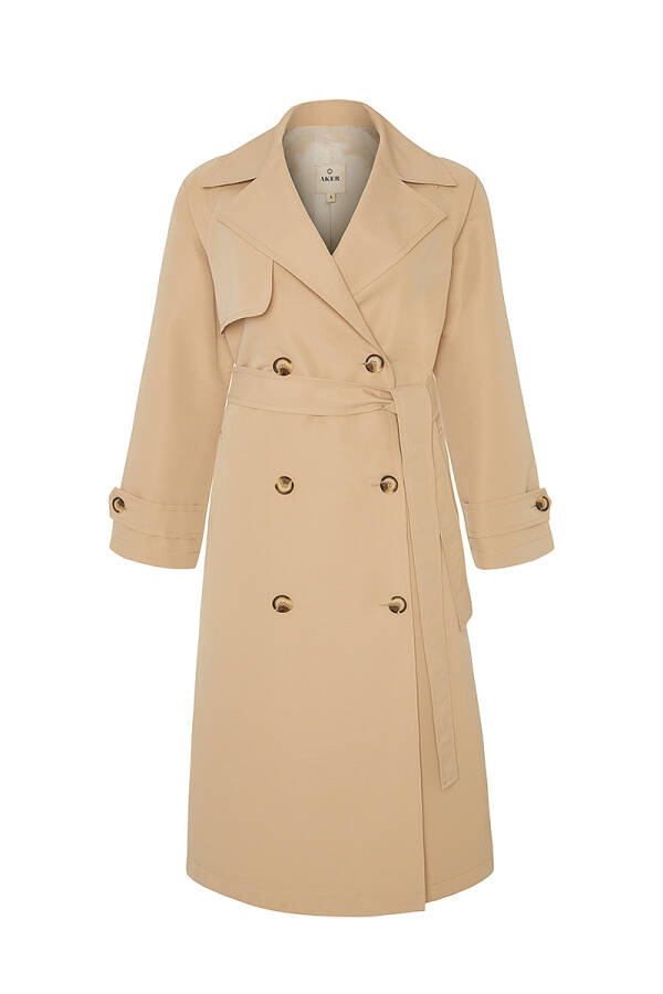 Bej Rüzgarlık Detaylı Kruvaze Trençkot - Aker