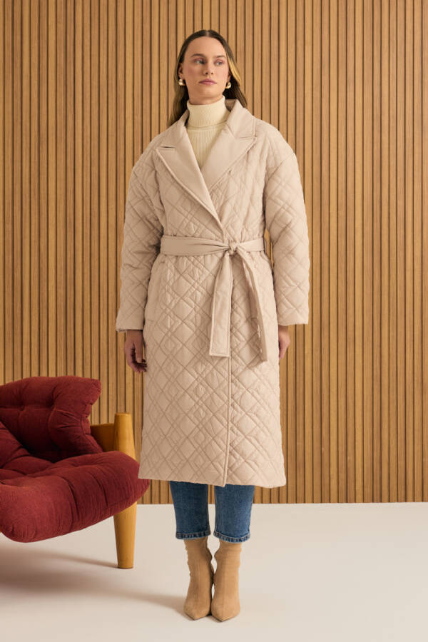 Bej Seyyar Kuşaklı Kapitone Mont - Aker (1)