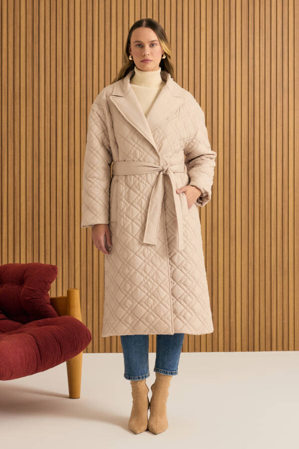 Bej Seyyar Kuşaklı Kapitone Mont - Aker