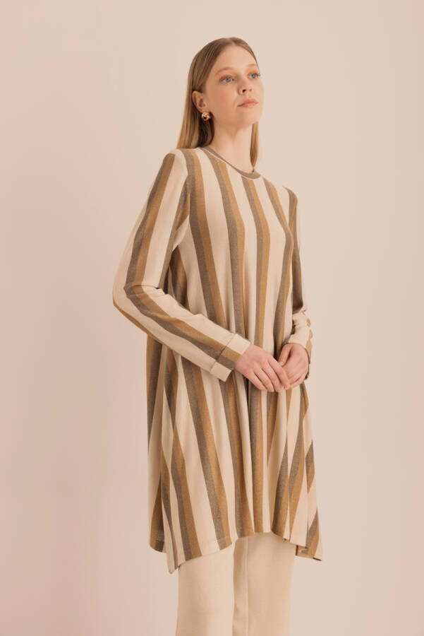 Bej Simli Örme Asimetrik Tunik - Aker