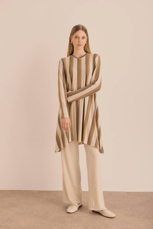 Bej Simli Örme Asimetrik Tunik - Aker (1)