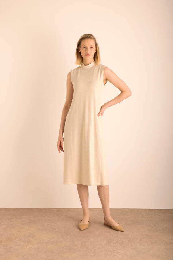 Bej Simli Örme Astarlı Kolsuz Elbise - Aker