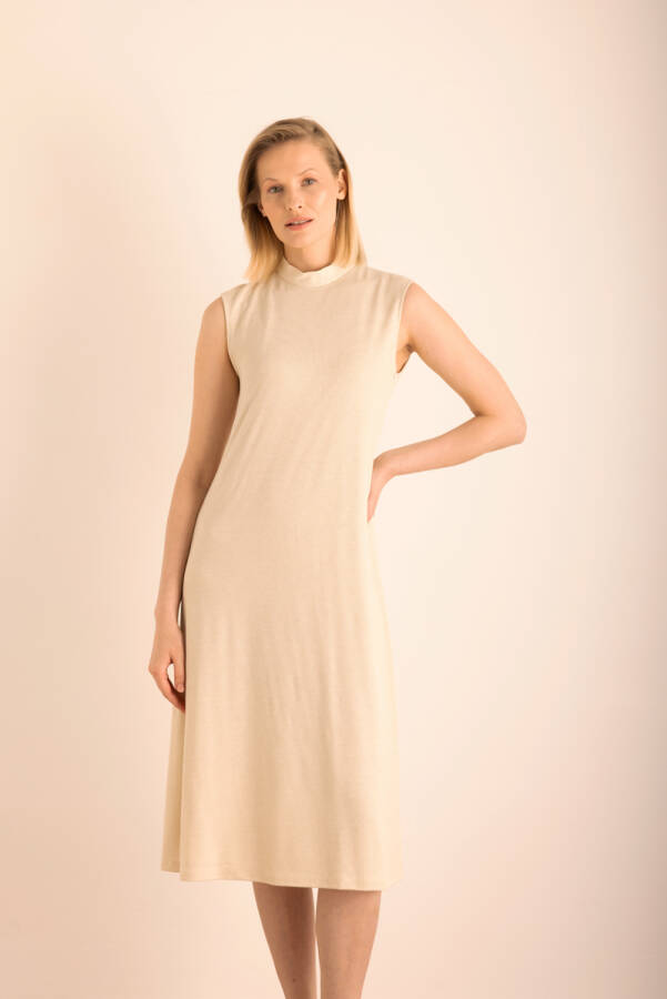 Bej Simli Örme Astarlı Kolsuz Elbise - 5