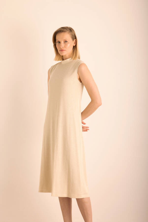 Bej Simli Örme Astarlı Kolsuz Elbise - 6