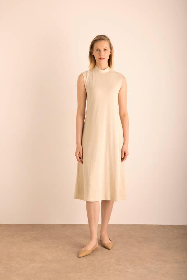 Bej Simli Örme Astarlı Kolsuz Elbise - 3