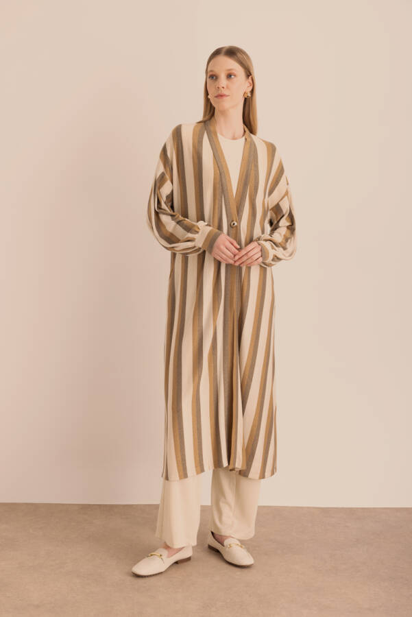 Bej Simli Örme Çizgili Hırka - Aker