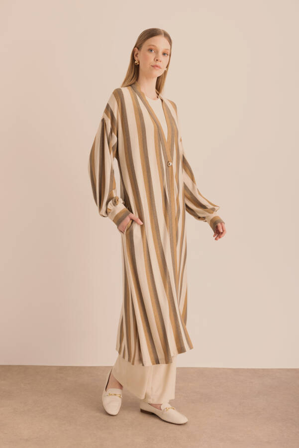 Bej Simli Örme Çizgili Hırka - Aker (1)