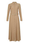 Bej Yakası İşlemeli Kemer Detaylı Elbise - 1