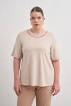 Bej Yakası İşlemeli Örme Kısa Kollu Bluz - 5