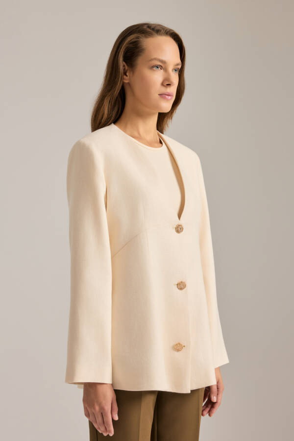 Bej Yakasız Metal Düğmeli Keten Ceket - 2