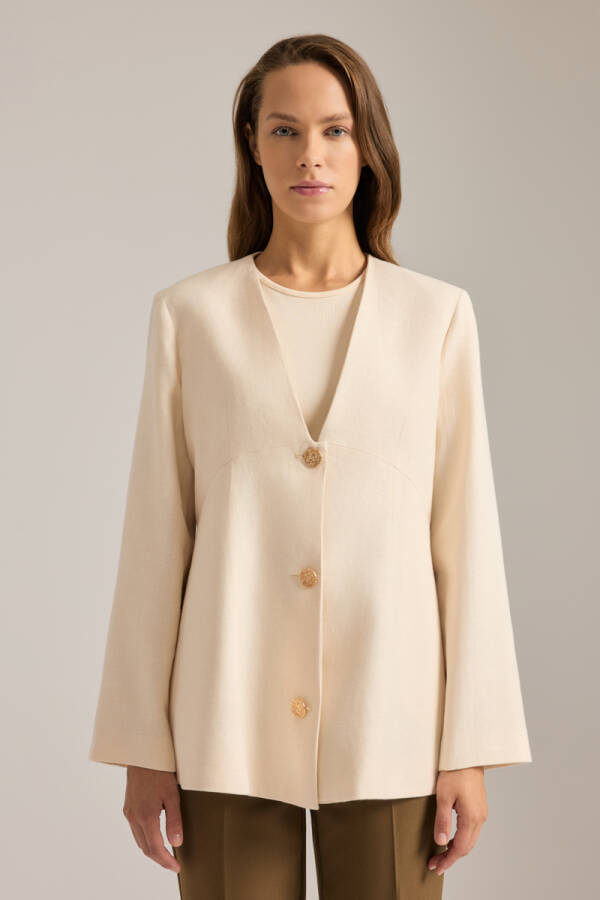Bej Yakasız Metal Düğmeli Keten Ceket - 1