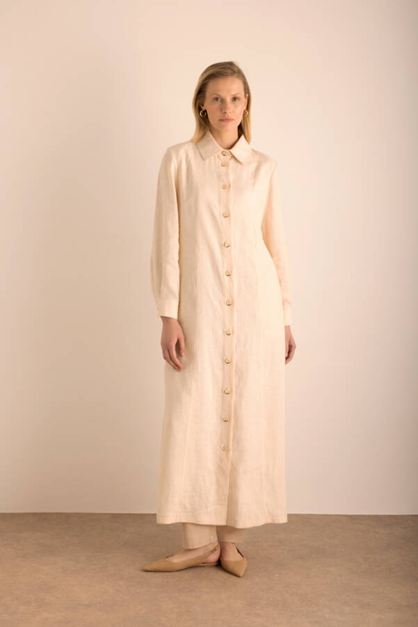 Bej Yanları Yırtmaçlı Keten Pardösü - 6