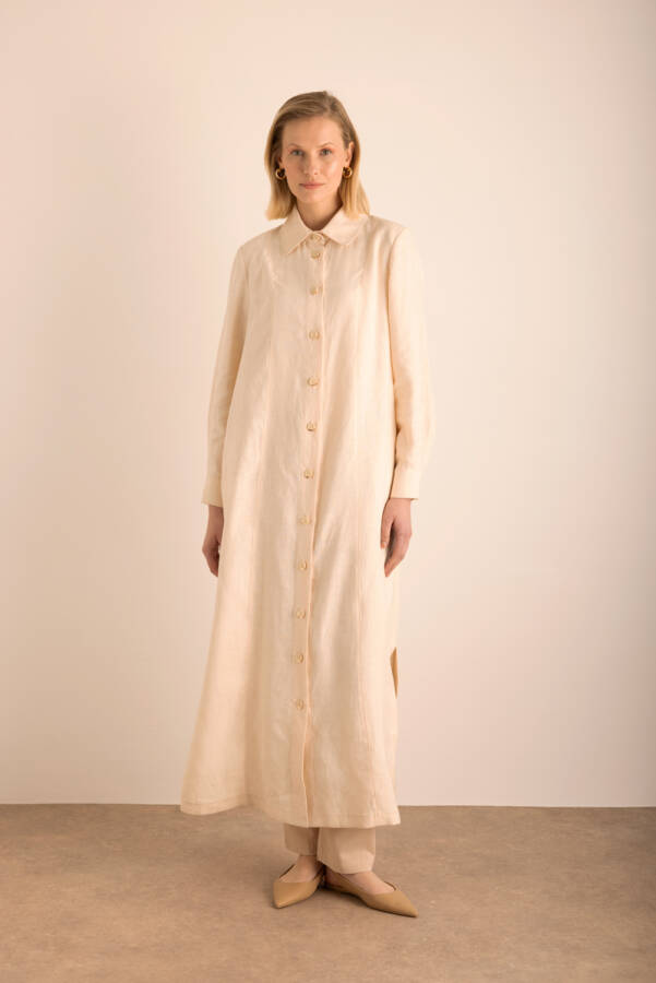 Bej Yanları Yırtmaçlı Keten Pardösü - Aker