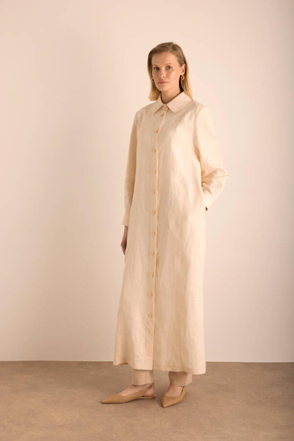 Bej Yanları Yırtmaçlı Keten Pardösü - Aker (1)