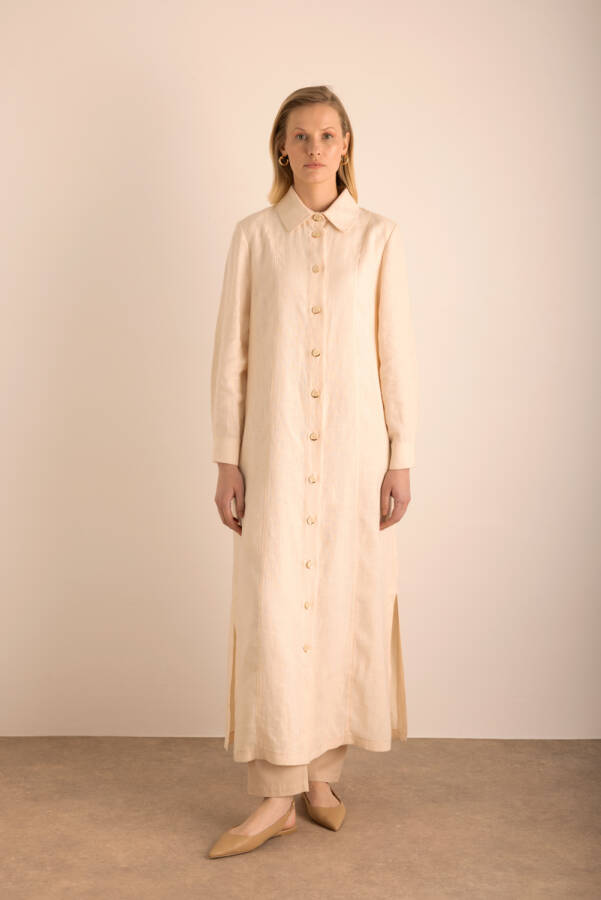 Bej Yanları Yırtmaçlı Keten Pardösü - 3