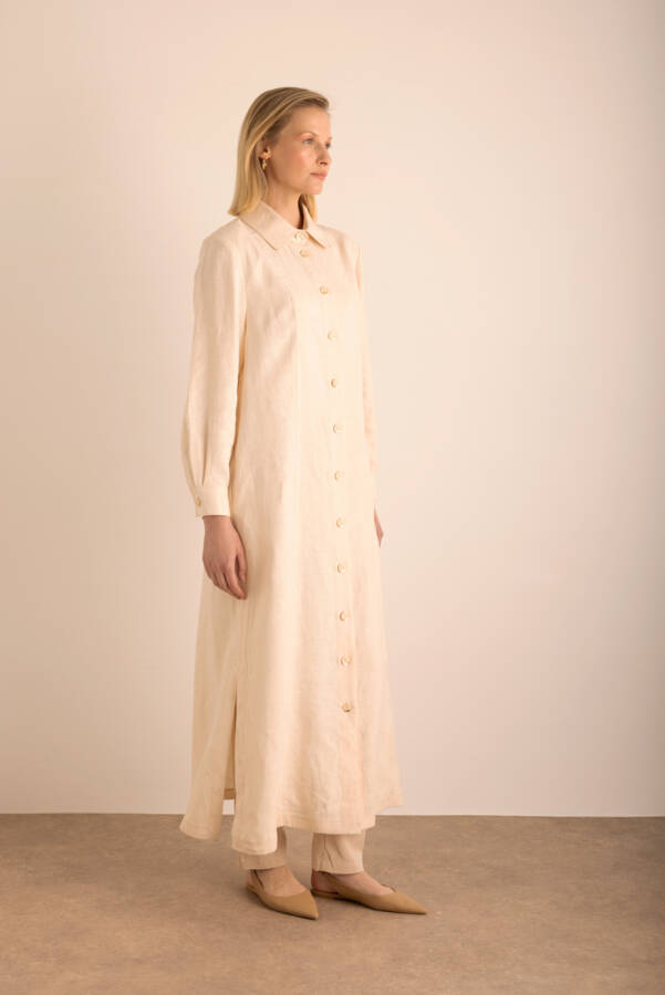 Bej Yanları Yırtmaçlı Keten Pardösü - 4