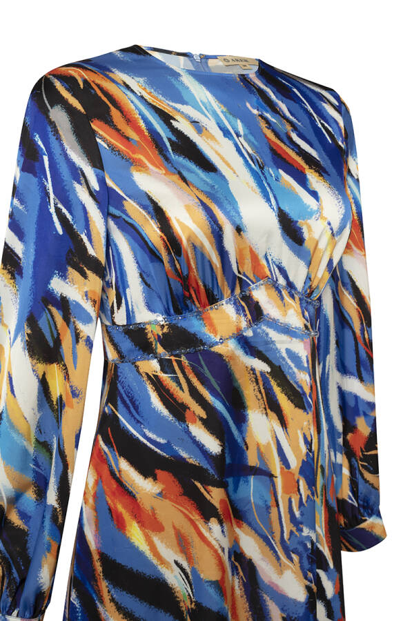 Saks Beli İşlemeli Desenli Elbise - 2