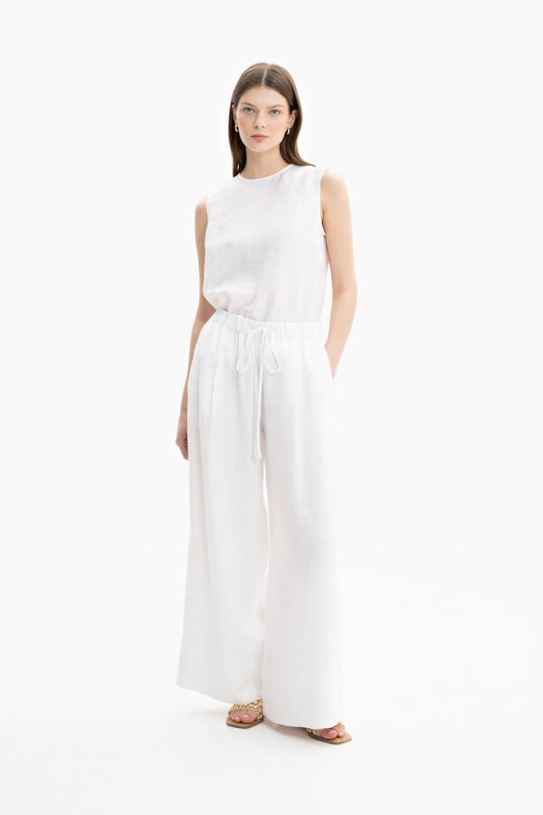 Beyaz Bağcık Detaylı Keten Pantolon Etek - 1