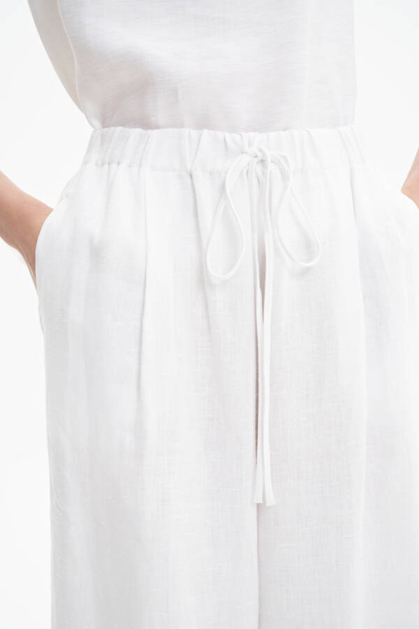 Beyaz Bağcık Detaylı Keten Pantolon Etek - 5