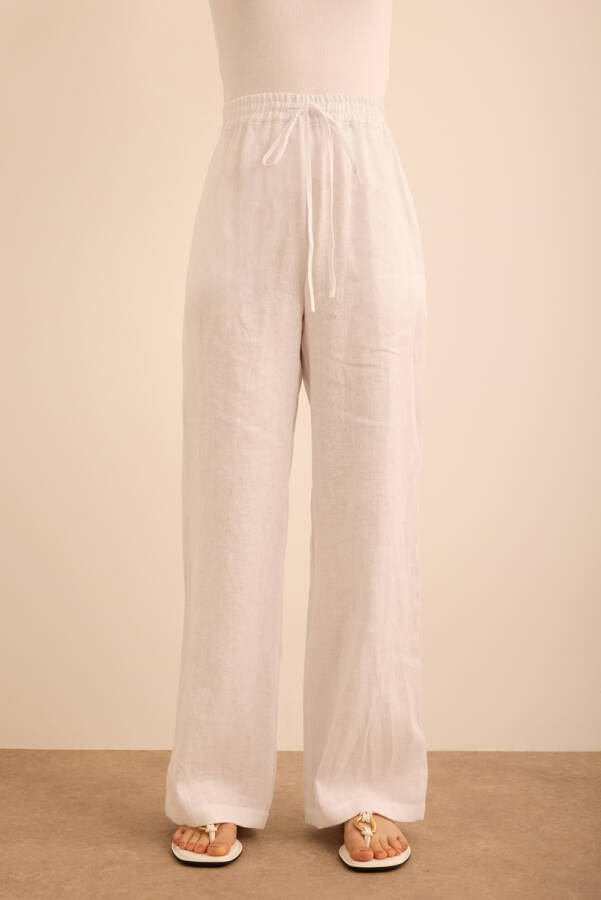 Beyaz Beli Lastikli Keten Pantolon - 2