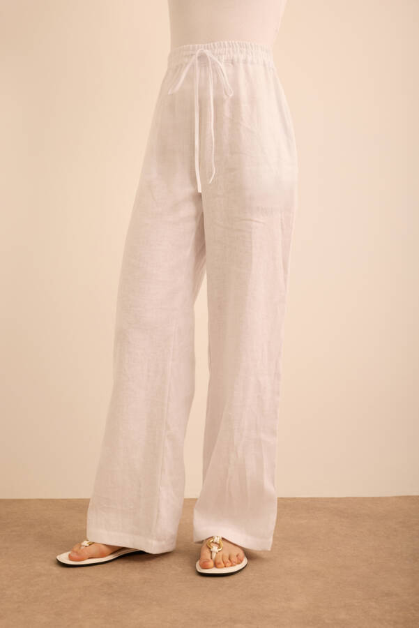 Beyaz Beli Lastikli Keten Pantolon - 3