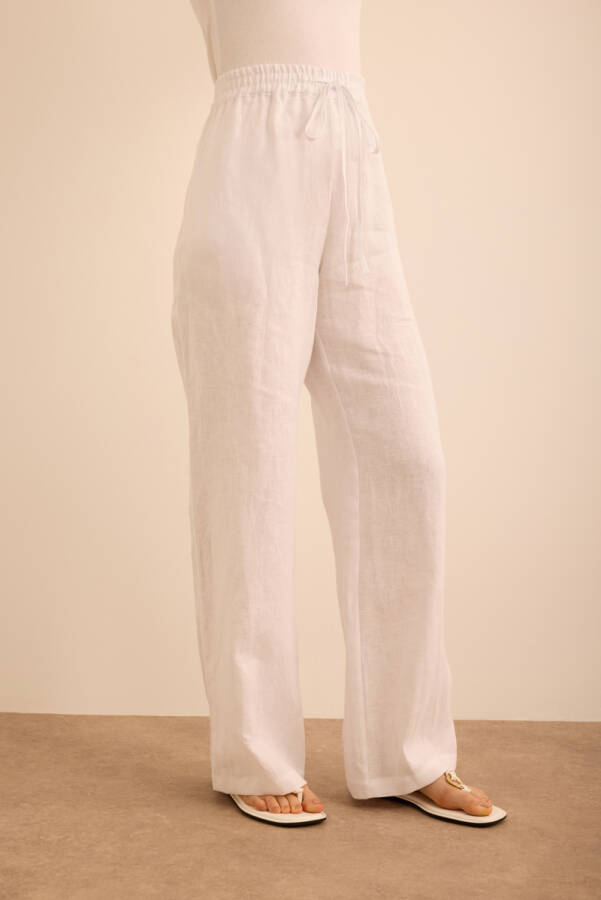 Beyaz Beli Lastikli Keten Pantolon - 4