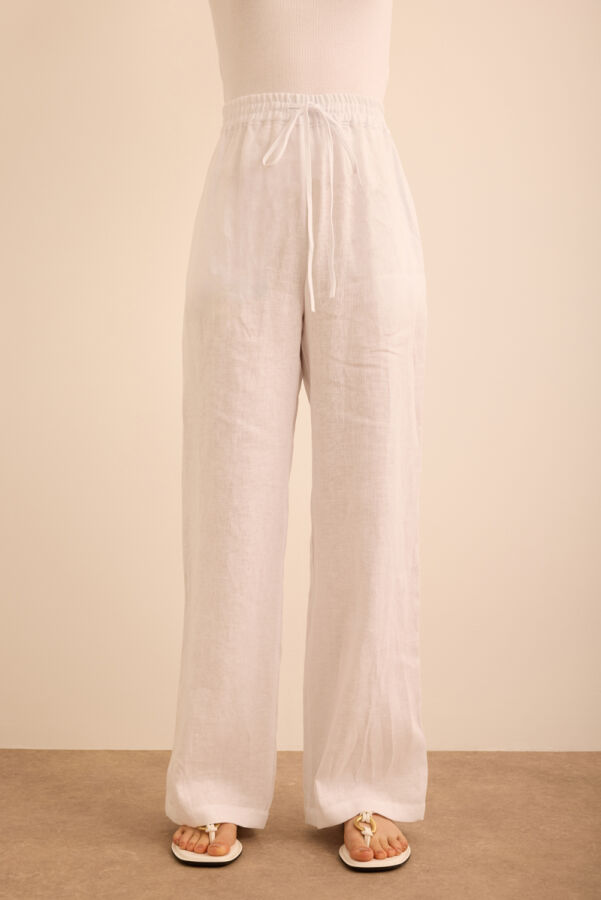 Beyaz Beli Lastikli Keten Pantolon - Aker (1)