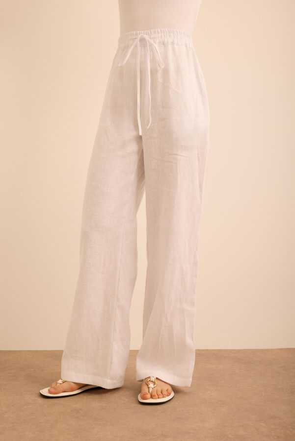 Beyaz Beli Lastikli Keten Pantolon - 3