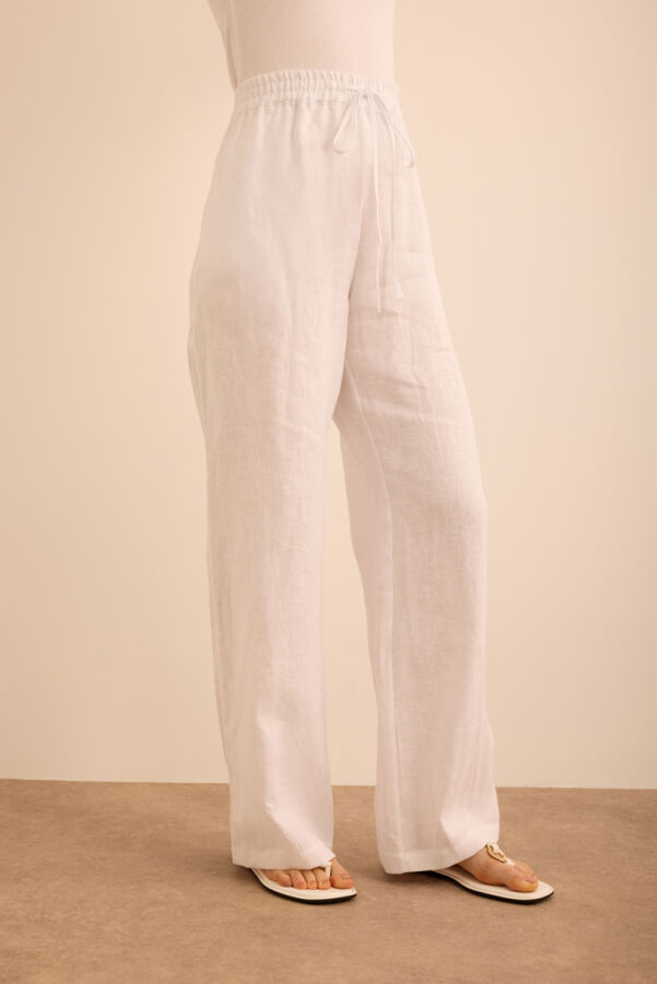 Beyaz Beli Lastikli Keten Pantolon - 4