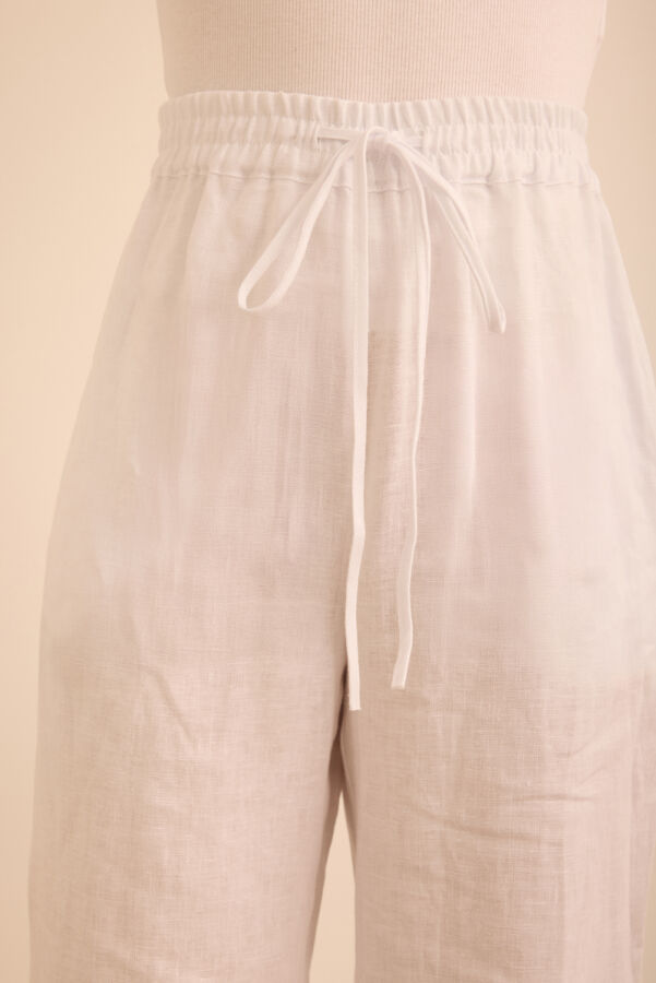 Beyaz Beli Lastikli Keten Pantolon - 5
