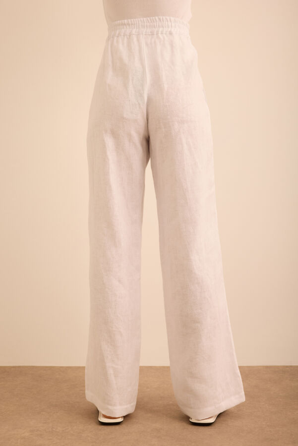 Beyaz Beli Lastikli Keten Pantolon - 6