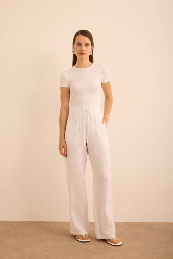 Beyaz Beli Lastikli Keten Pantolon - Aker