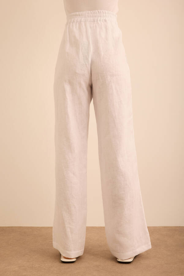 Beyaz Beli Lastikli Keten Pantolon - 6