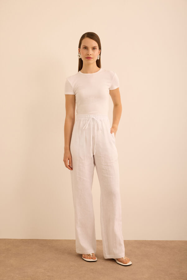Beyaz Beli Lastikli Keten Pantolon - Aker